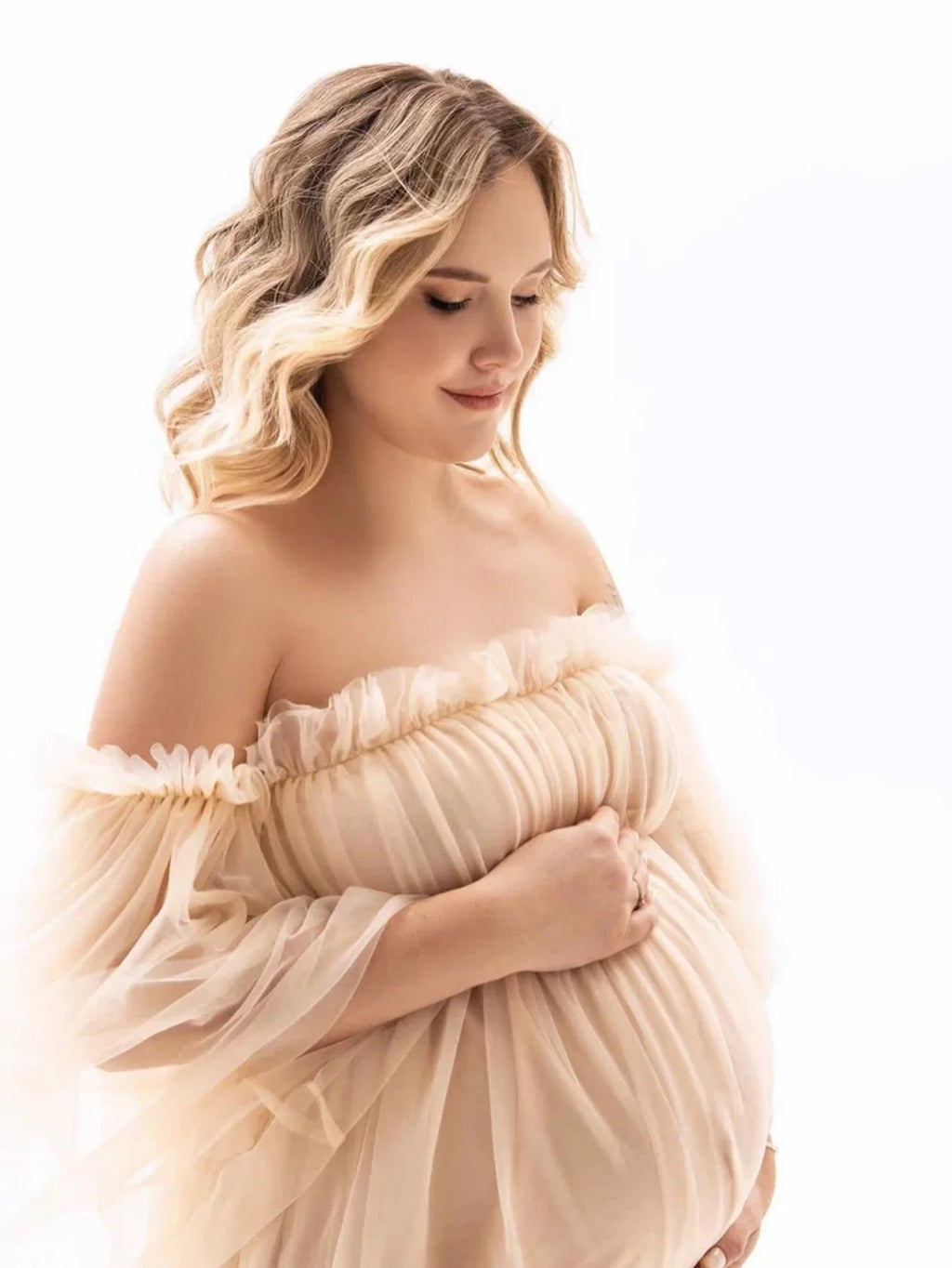 Maternity Mesh Photography Gown Long Sleeves Off-shoulder Elegant Summer Short Dress for Baby Shower Photoshoot