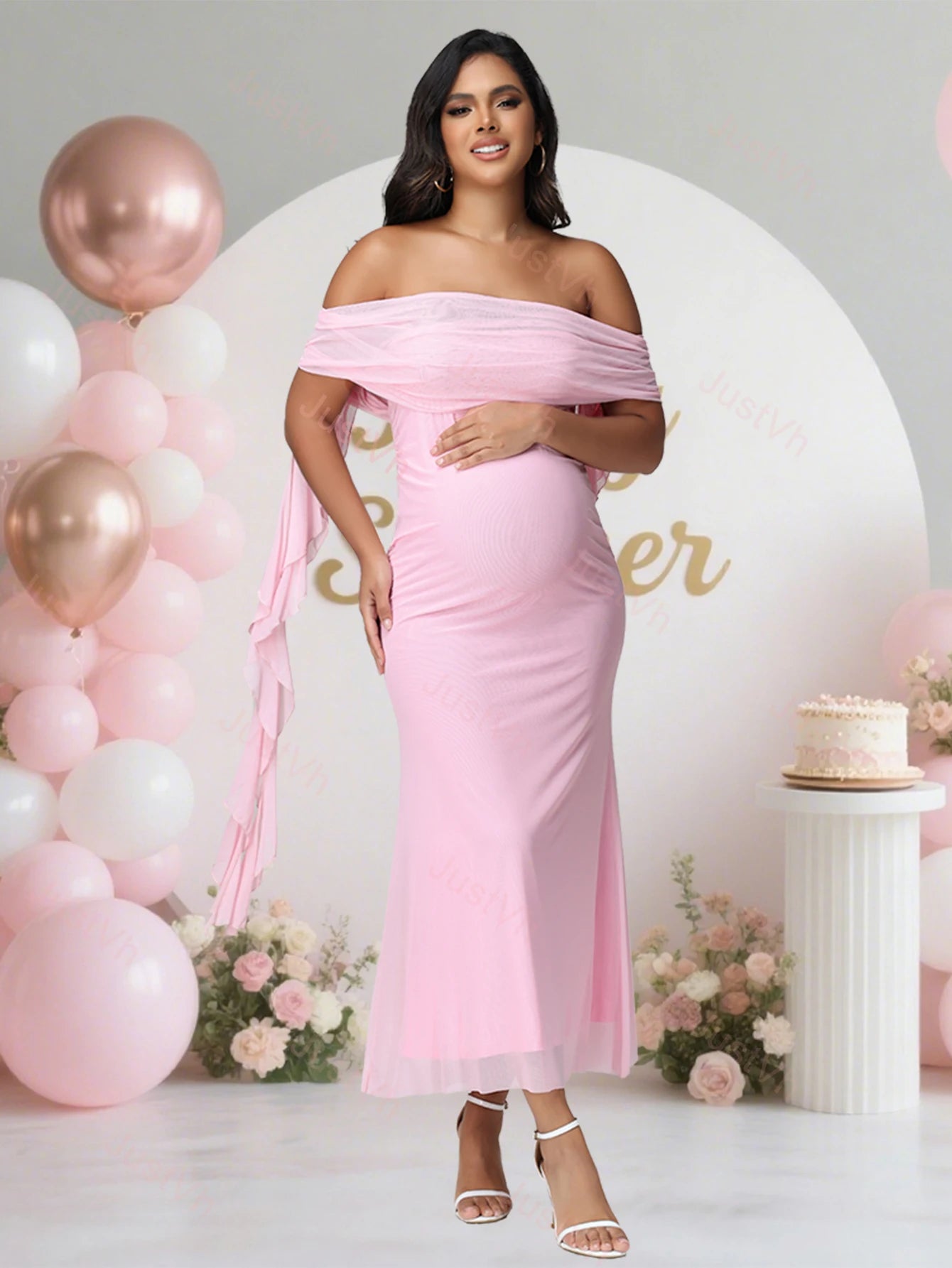 Maternity Mesh Off Shoulder Women‘s Dress for Photoshoot Exquisite Strapless Ruffle Drape Long Gown for Baby Shower