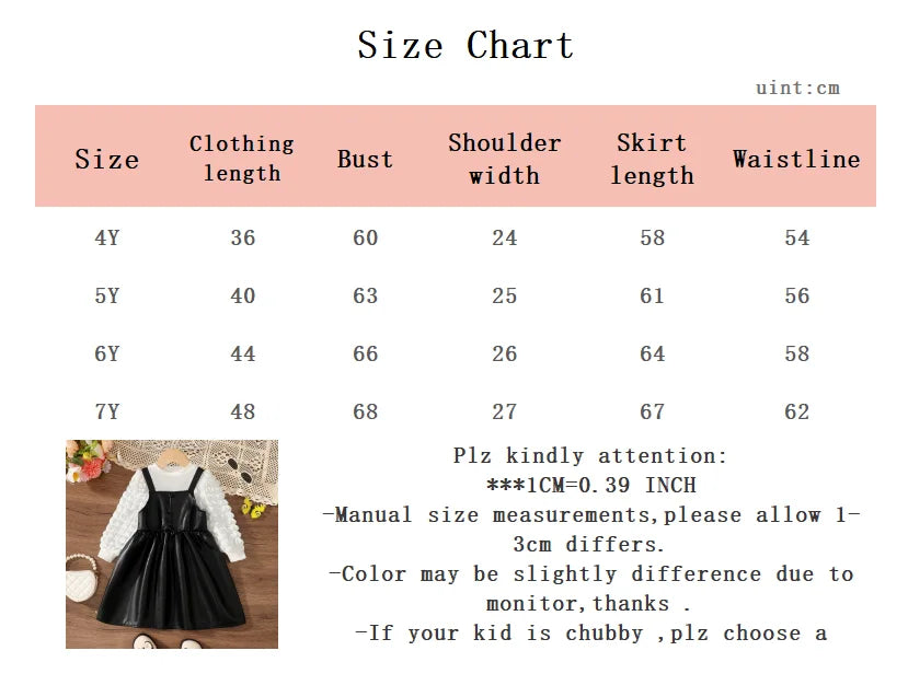 2pcs Children Girl Round Neck White Top+Black Strap Leather Skirt Set fit 4-7 Year Old Girls' Party Fashion Clothing