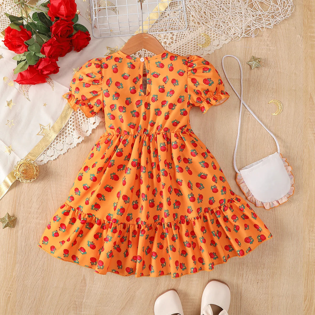 2Pcs Girls' Ramadan Dress with Ruffled Sudan rose Print Bubble sleeve Dress and Small bag Set  for 4-7 Year girls' Summer dress