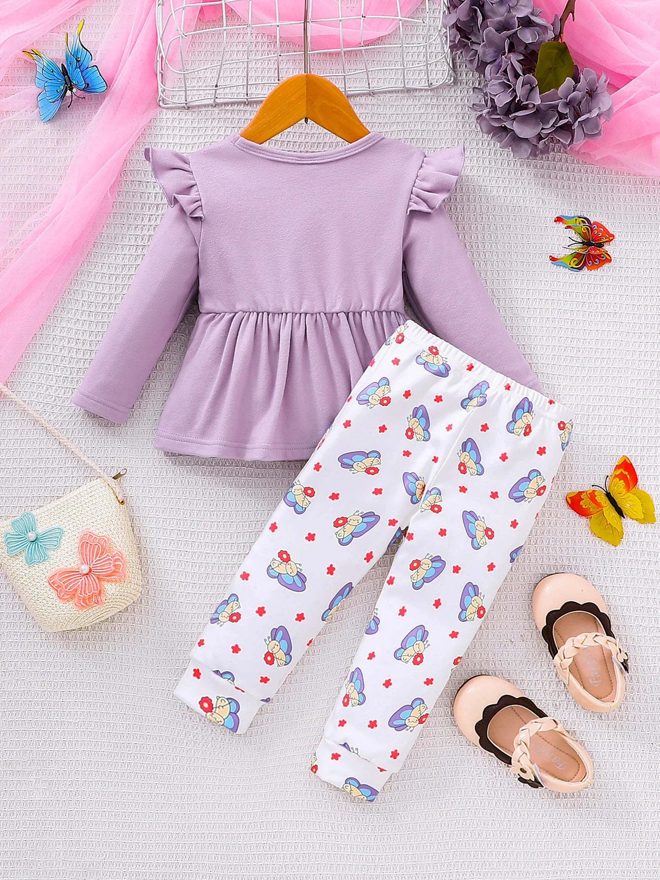 Baby Girl Spring Autumn Casual Butterfly Purple Top Floral Pants Two-Piece Set Infant Clothing Outfit