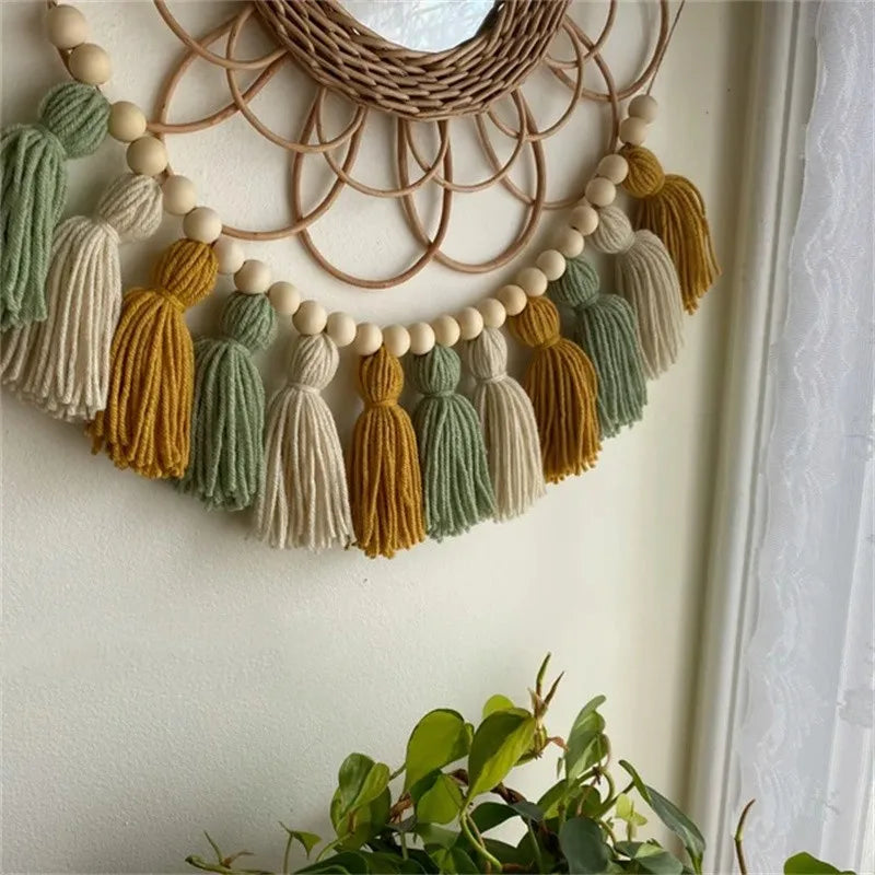 Boho Pink Tassel Garland with Wood Beads Cute Wall Hanging Banner for Nursery Kids Bedroom Birthday Office Party Wedding Decor