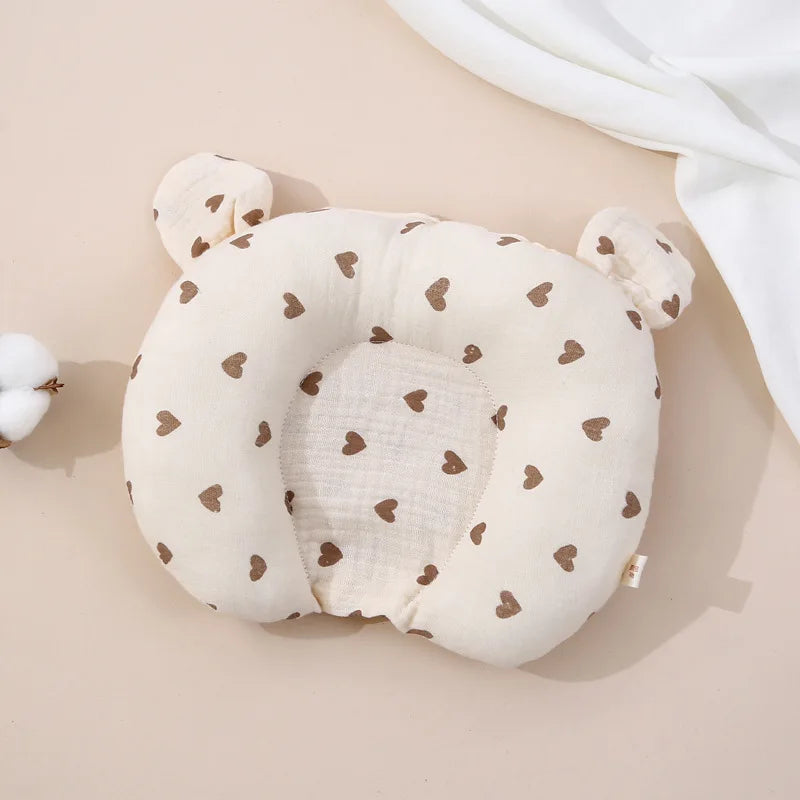 Baby Pillow For Newborns Soft Breathable Cotton Pillow With Cartoon Bear Ear Print For Sleep 0 To 24 Months