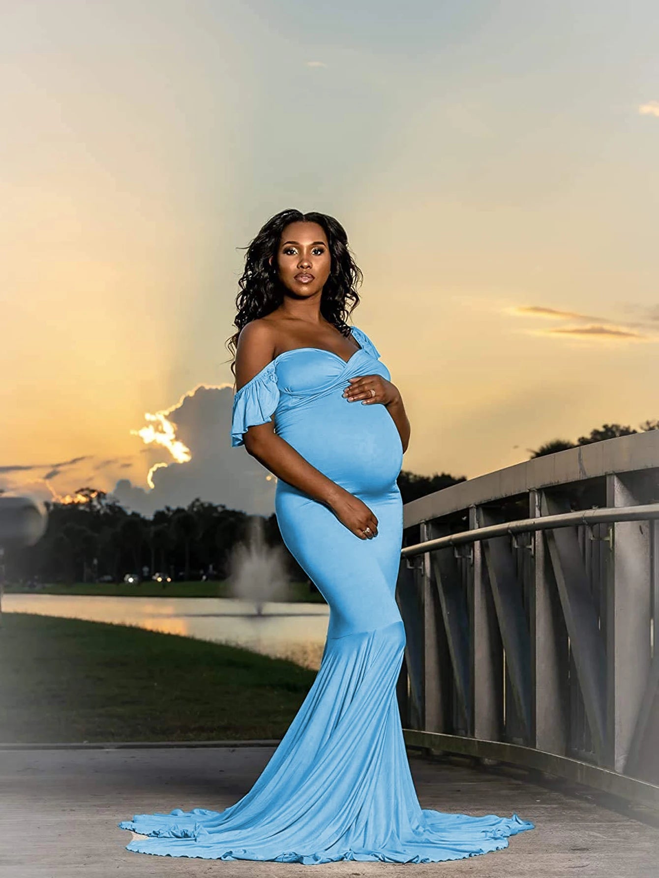Maternity Summer Ruffle Sleeve V-Neck Mermaid Dress Pregnancy Gown Wedding Bridesmaid Dresses Robe for Photoshoot Baby Shower