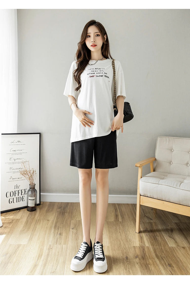Summer Korean Style Pregnant Woman Ice Silk Shorts Knee-length Adjustable Waist Solid Color Maternity Wide Legs Straight Shorts
