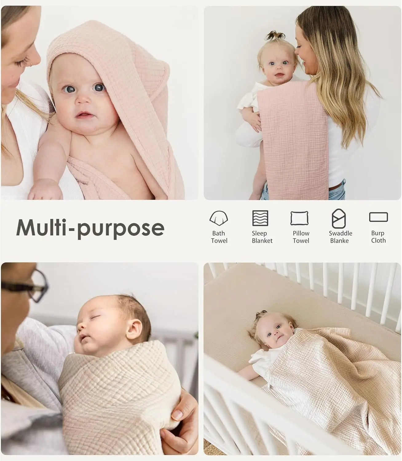 Muslin Hooded Baby Towels, 100% Cotton, Ultra-Soft & Absorbent Baby Bath Towels with Hood for Newborn & Infant