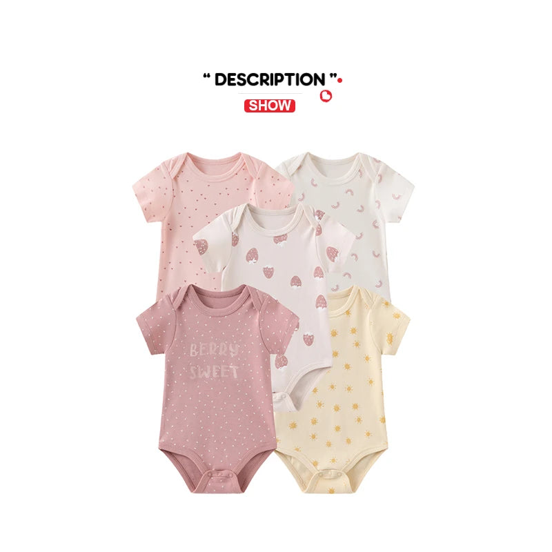Kiddiezoom 5pcs Summer Short Sleeve Baby Boy Girl Bodysuits Soft Cartoon Newborn Baby Onesie