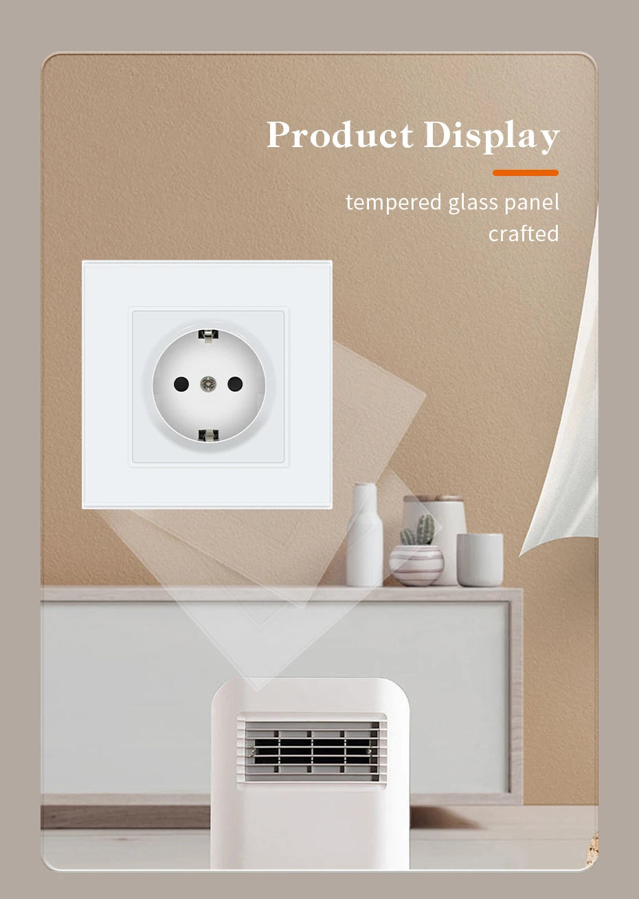 BSEED Single Power Outlet EU Wall Plugs Double Sockets USB Type-C Phone Charge Glass Panel 1Way Wall Touch Switch Kid Protection