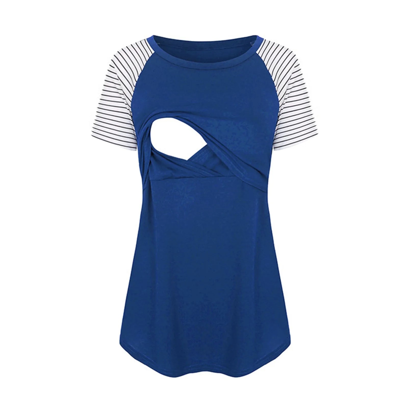 Women Maternity Short Sleeve Nursing Patchwork Color Tops Breastfeeding Blouse