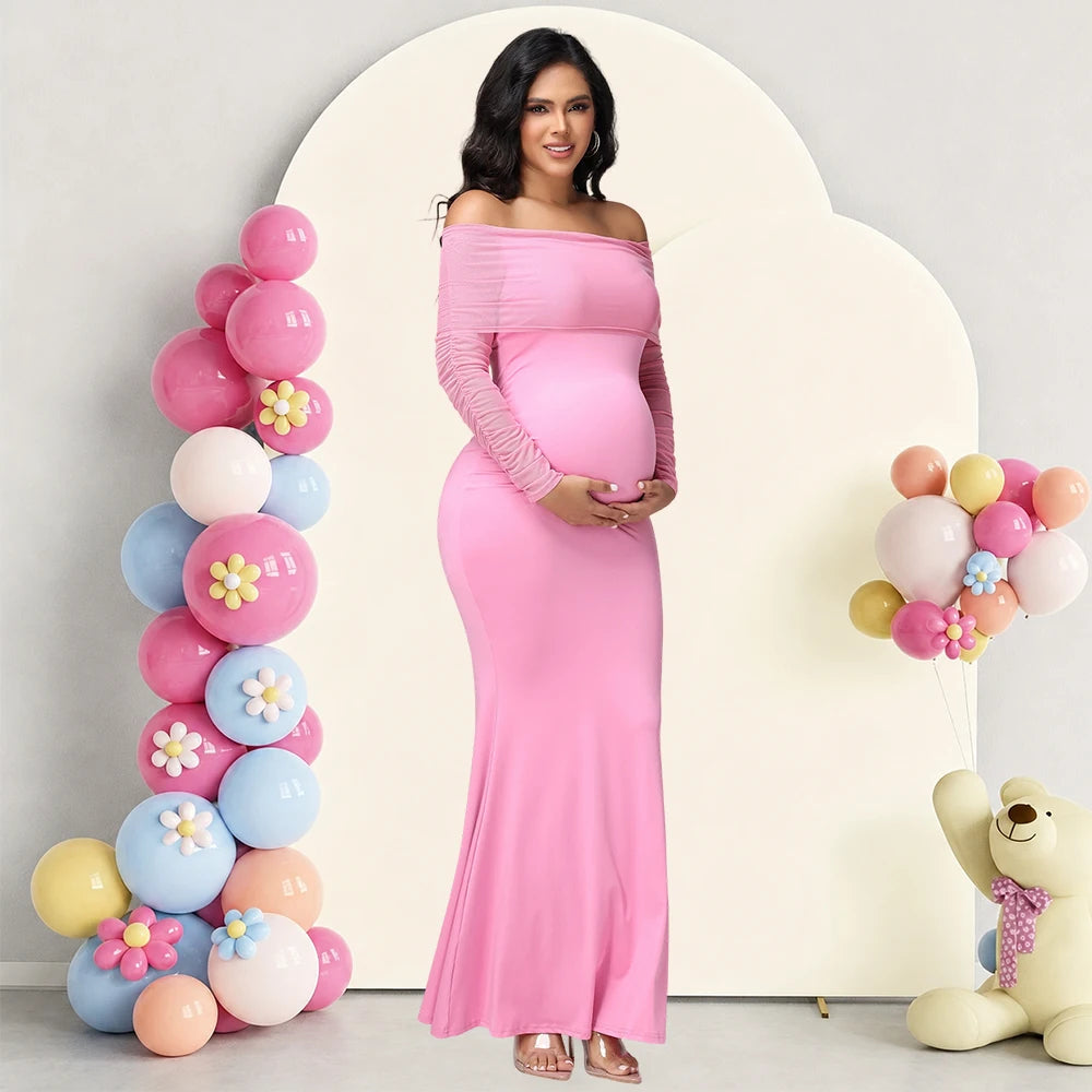 Maternity Mesh Off Shoulder Long Sleeve Baby Shower Dress Bodycon Mermaid Hem Party Evening Gown for Photoshoot