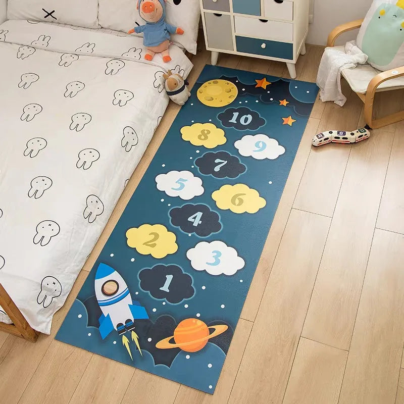 Hopscotch Space Print Runner Rug Anti Slip Floor Mat Kids Bedroom Playroom Cartoon Rocket