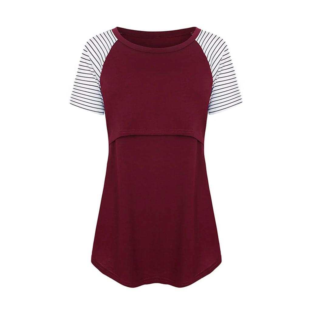 Women Maternity Short Sleeve Nursing Patchwork Color Tops Breastfeeding Blouse