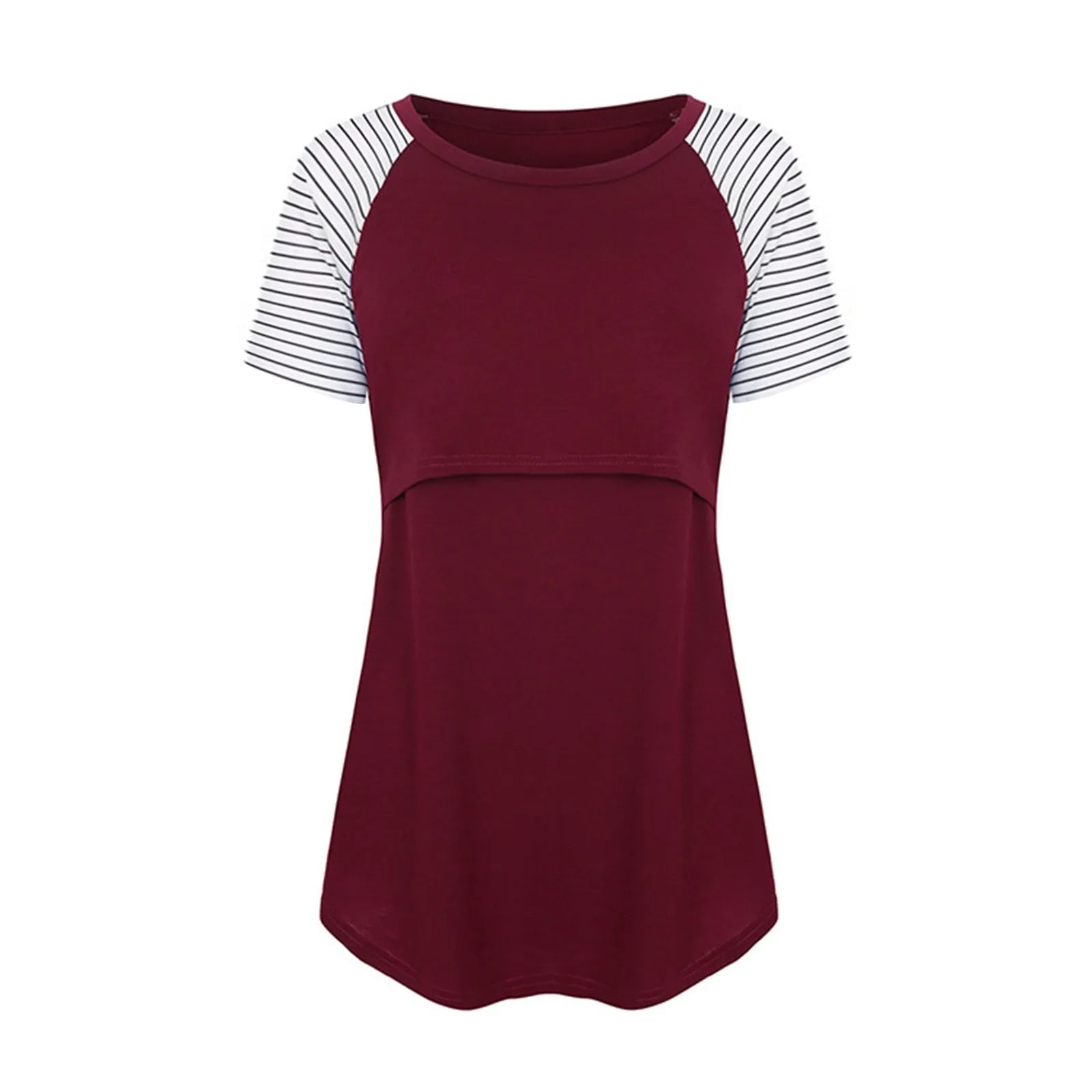 Women Maternity Short Sleeve Nursing Patchwork Color Tops Breastfeeding Blouse
