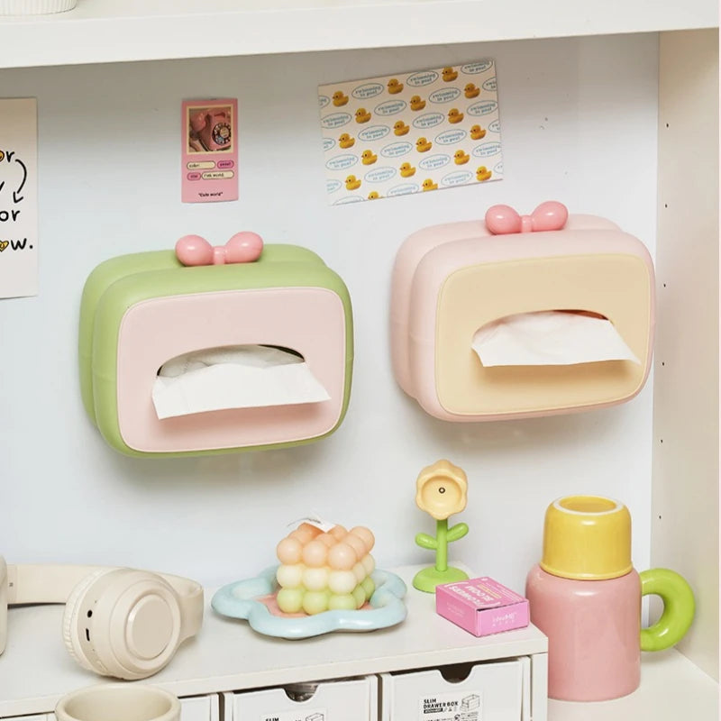 Cute spring-lift tissue box with large capacity storage for desk or room.