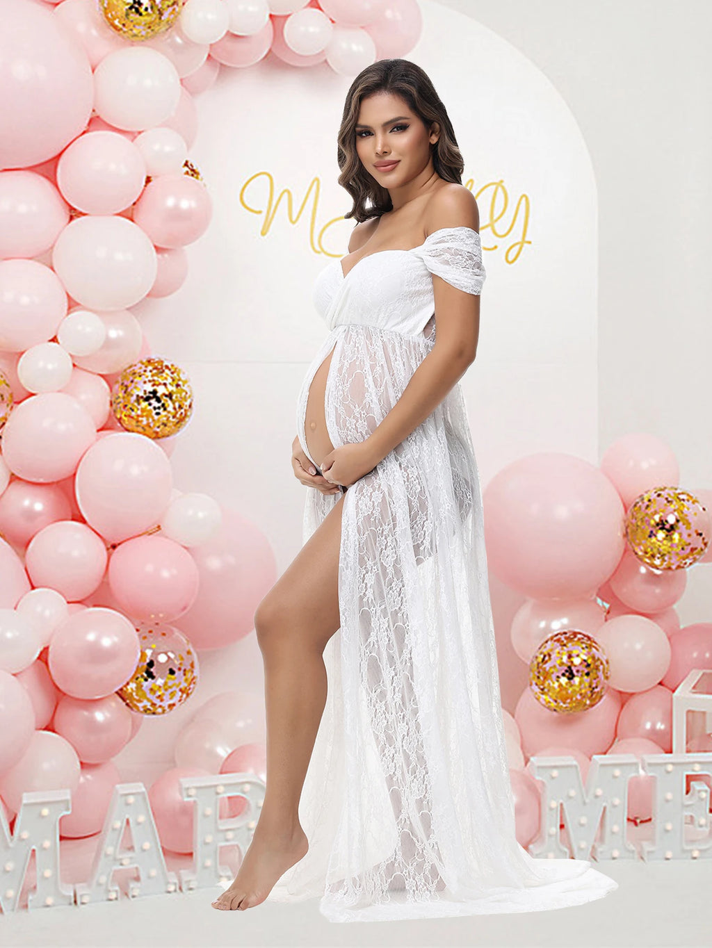 Maternity Summer Lace Sexy Long Dress Off-Shoulder High Waist Slit For PhotoShoot Baby Shower Pregnancy Women Bohemian Gown