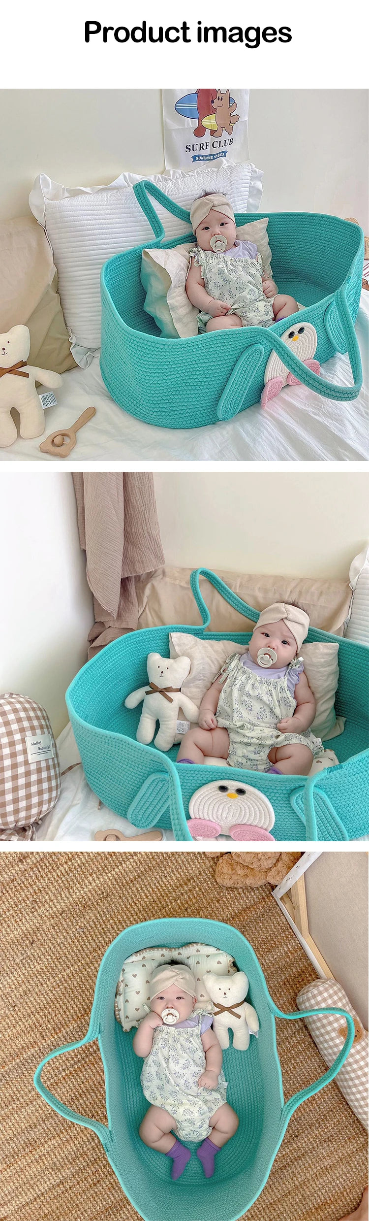 Cotton Rope Woven Baby Moses Basket With Handle Baby Diaper Changing Portable Bed Cartoon Penguin Hand Basket