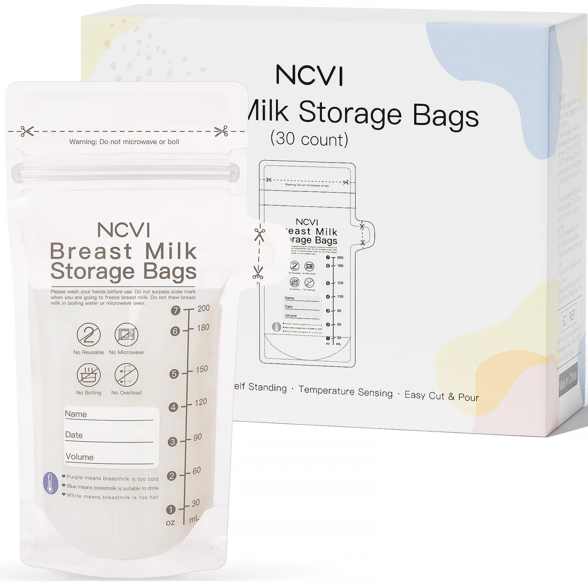 NCVI Breastmilk Storage Bags For Breast Milk Preservation 200ml Temp Sensing Double Sealed BPA Free