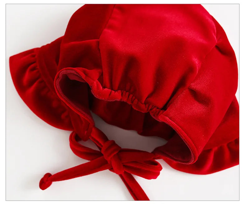 Rich Red Velvet Baby Palace Dress Hat - Festive for Christmas/New Year/Baptism, Princess-style Elegant for Toddlers.