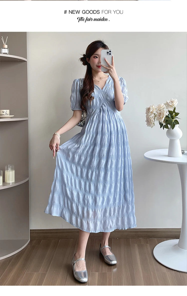 French Style Summer Maternity Pleated Dress High Waist V-neck Short Sleeve Pregnant Woman Elegant Dress Pregnancy Clothes Loose