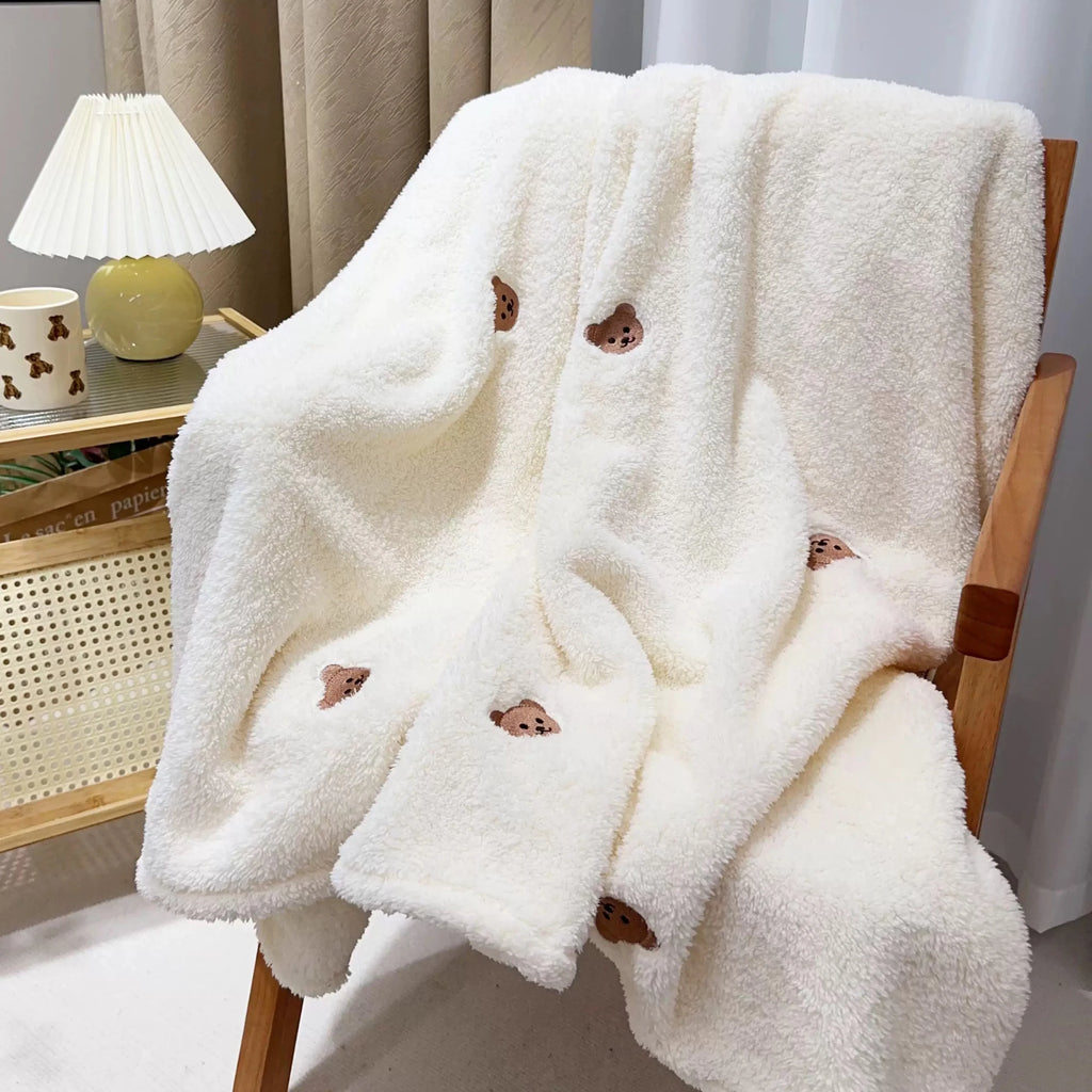 Embroidered Bear Baby Blanket Infant Coral Fleece Wrap Swaddle Blanket Warm Blanket For Newborn Outdoor Stroller Cover Blanket