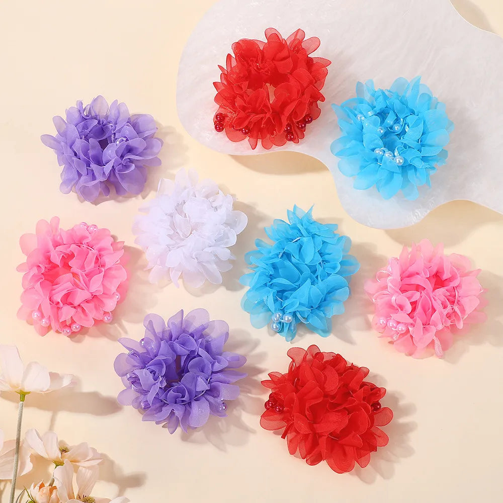 2Pcs Kids Hair Bands Set for Girls Elastic Rubber Bands Chiffon Flowers Beads Ponytail Holder Children's Hair Accessories Gift