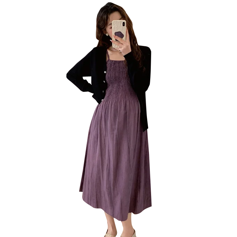 2026 Spring Maternity Dress Suits Long Sleeve Cardigans Strap Dress Twinset Pregnant Woman Clothing Set