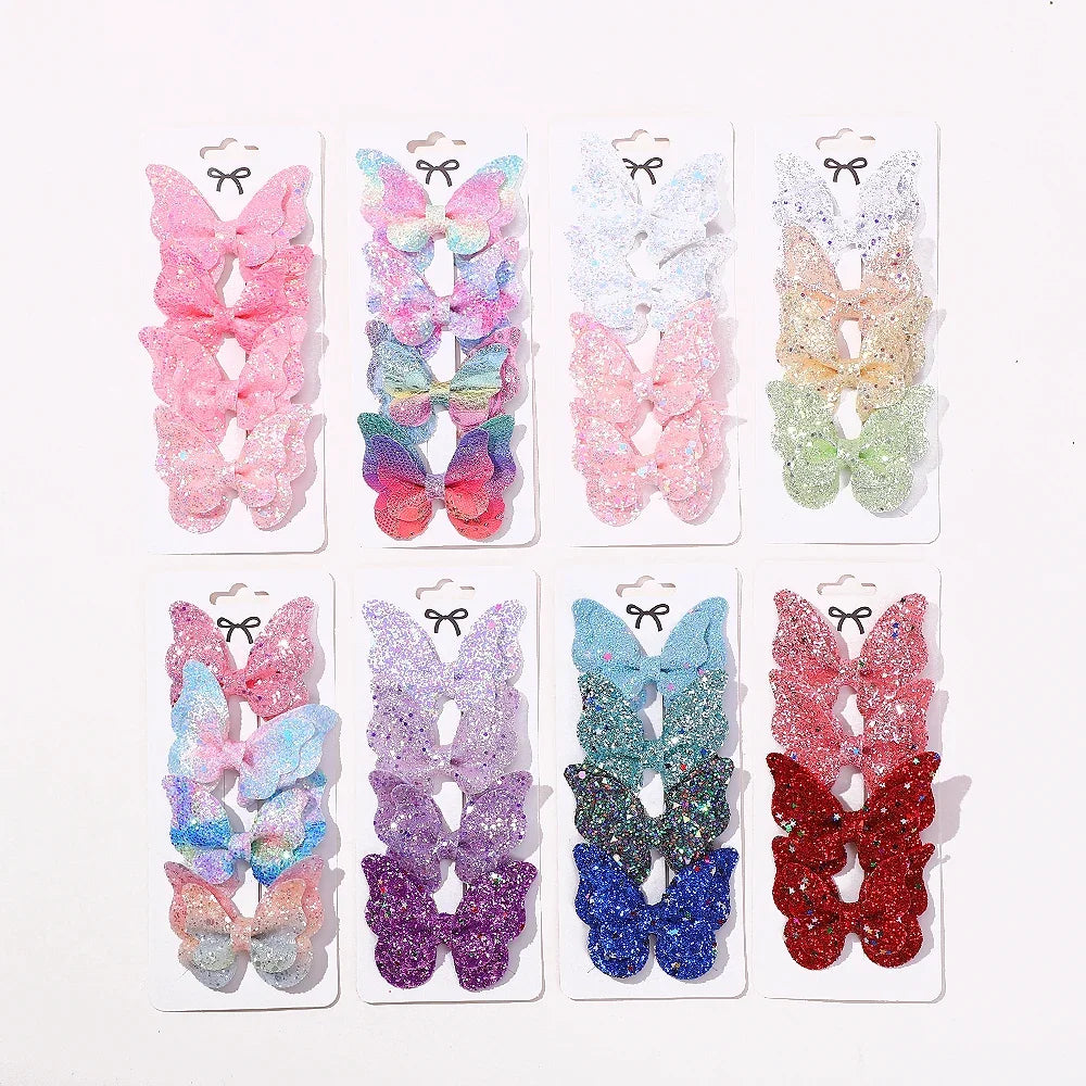 4Pcs/set Cute Sequins Double Butterfly Hair Bows Clip for Baby Girls Leather Kids Hairpins Barrettes Headwear Hair Acesssories