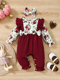 0-18 Months Newborn Baby girl Jumpsuit Beautiful Flower Long sleeved Jumpsuit+Headband Baby girl Spring autumn Fashion Jumpsuit