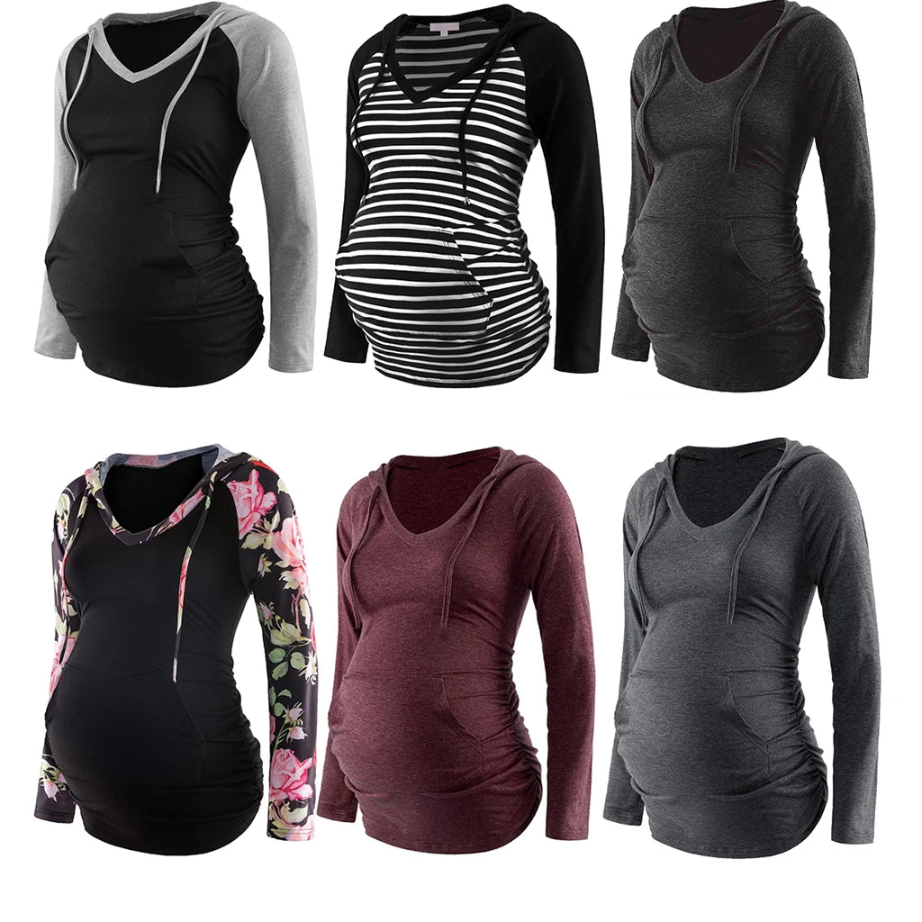 Women Maternity Hoodies Striped Print Long Sleeve V-neck Hoodie Sweatshirts Top Mom Pregnant Nursing Autumn And Winter Clothes