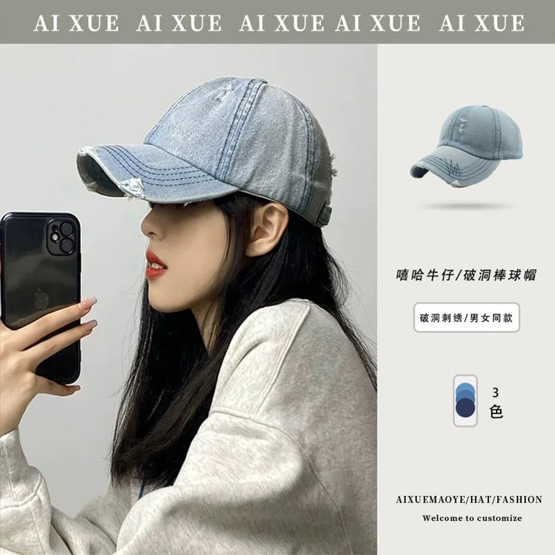 Cross-border Washed Distressed Embroidered Denim Baseball Cap Solid Color Outdoor Travel Sun Protection Visor Cap