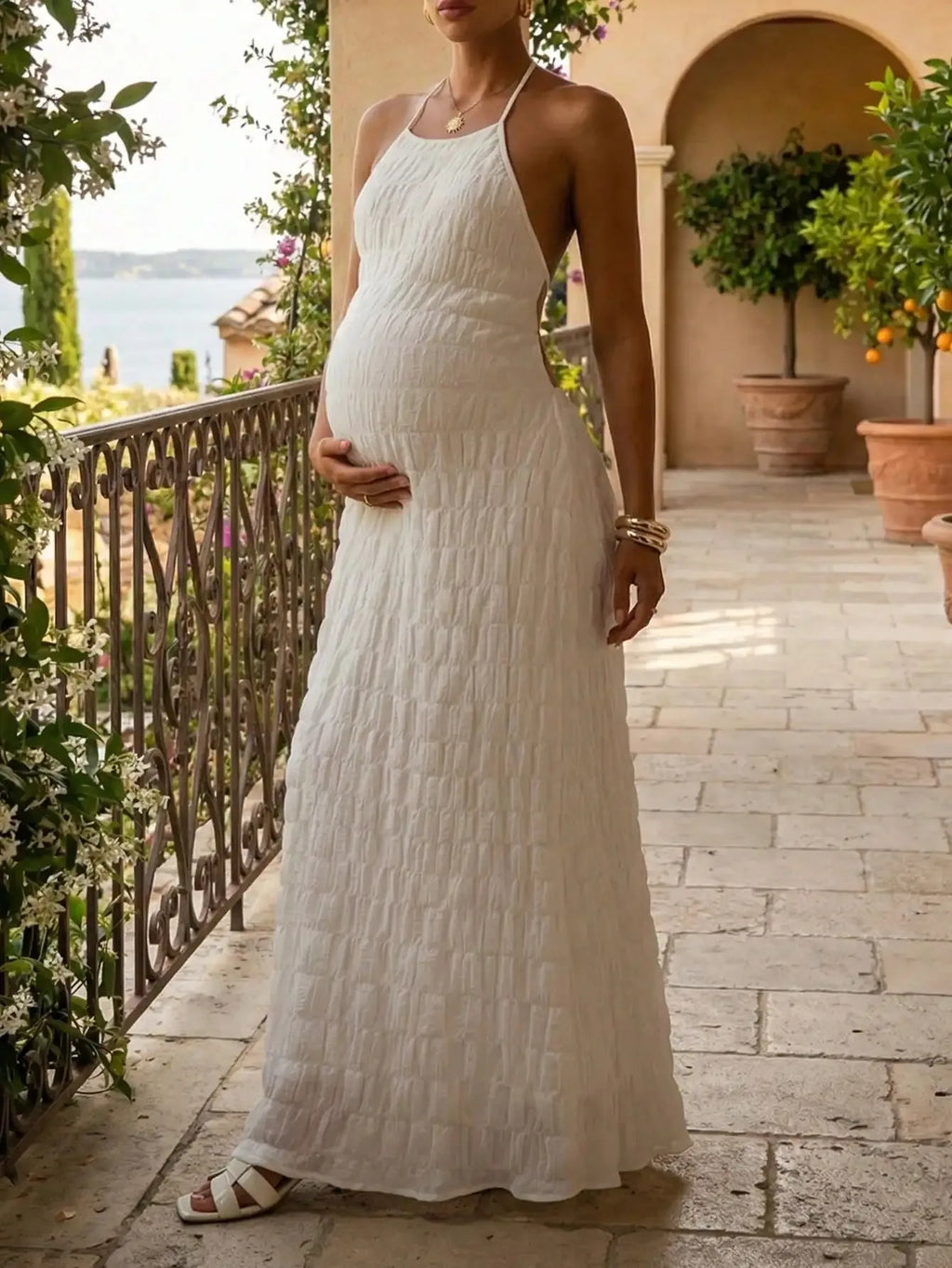 Maternity Women's White Halter Backless Textured Maxi Dress, Elegant Gown for Baby Shower, Beach Vacation