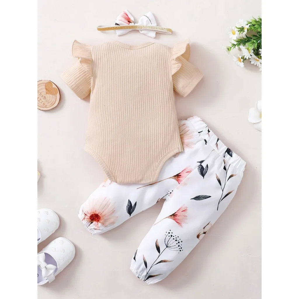 0-18 Months Baby Girl Set Ruffle Letter Short sleeved+Printed Pants+Bow 3Pcs Summer Casual Set Baby Clothing