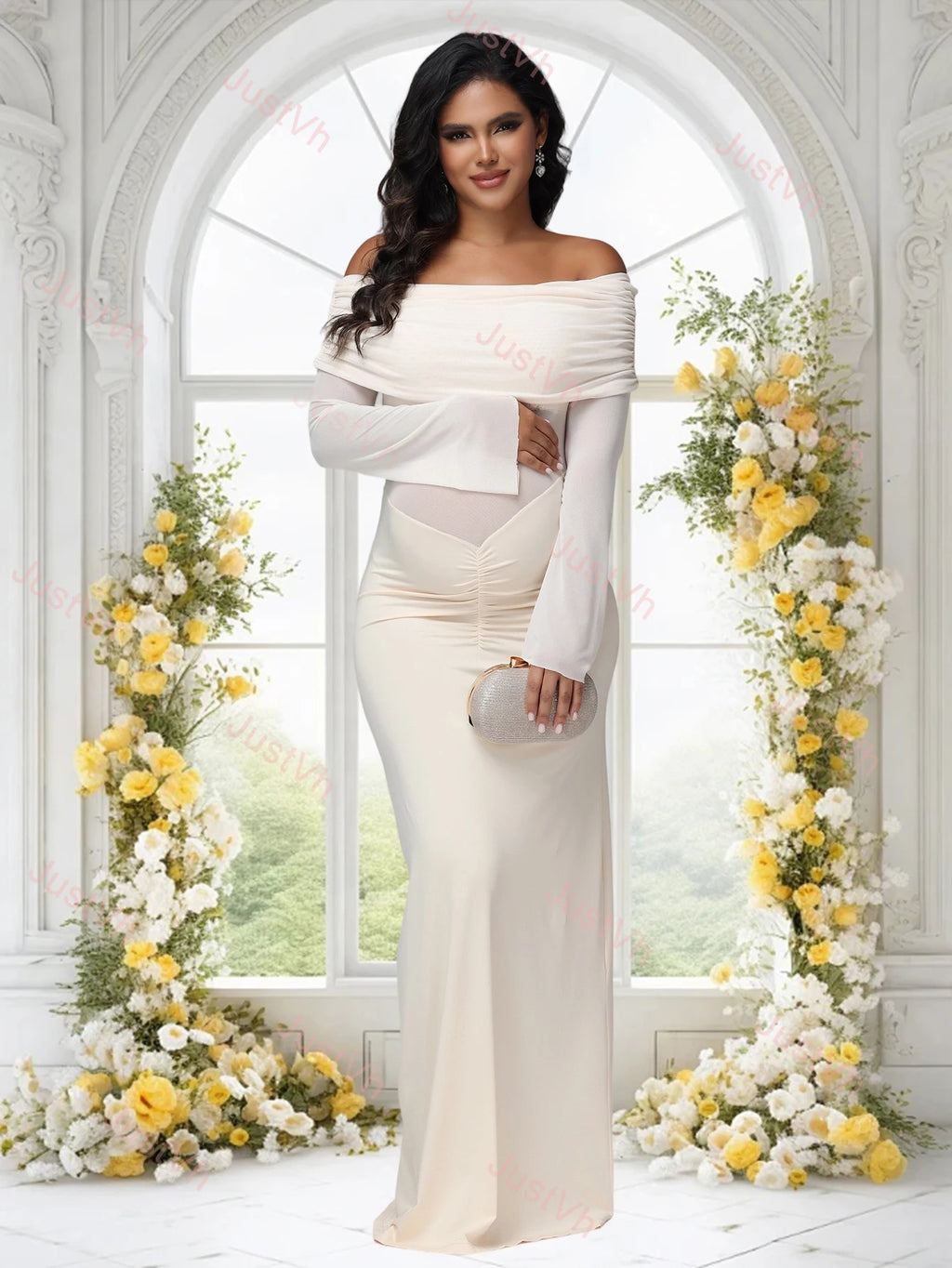 Maternity off Shoulder Long Sleeves Maxi Dress Mesh Paneled Rouched Baby Shower Outfit for Photoshoot