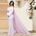 Maternity Women's Appliques Off Shoulder Long Sleeves Photography Dress Mesh Cloak Maxi Gown for Photoshoot Baby Shower