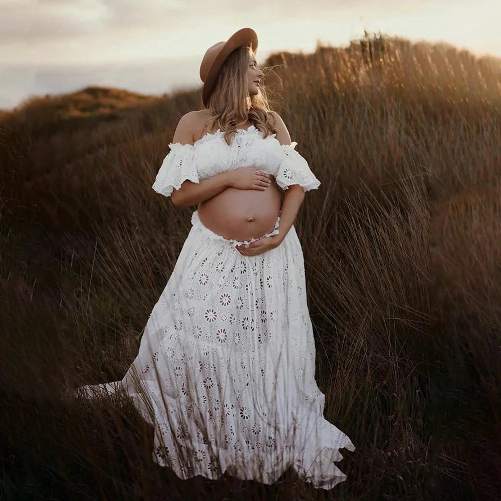 Maternity 2 Pieces Set Dress for Photoshoot Floral Embroidery Ruffle Short Top & Side Slit Long Skirt for Baby Shower