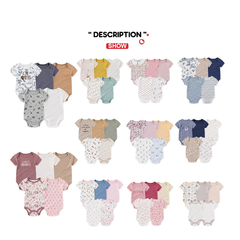 Cartoon Cute 5-Piece Baby Bodysuits Comfy Newborn Boy Girl Onesies Short Sleeves Infant Clothes