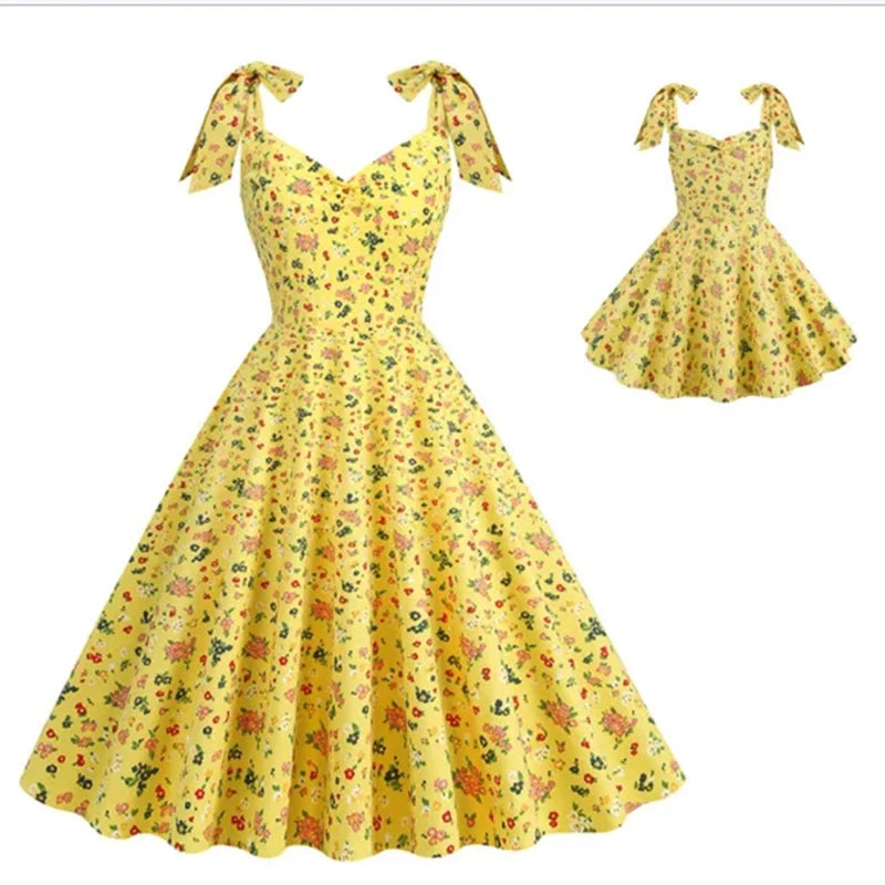 Summer New Parent-Child Dress Flower Bow Print Strap Dress Beach Party Fashion Cute V-Neck Mother Daughter Dress