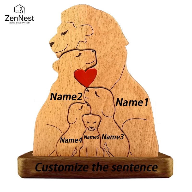 Personalized Wooden Lion Family Puzzle Ornament – Custom Name Family Christmas Decoration