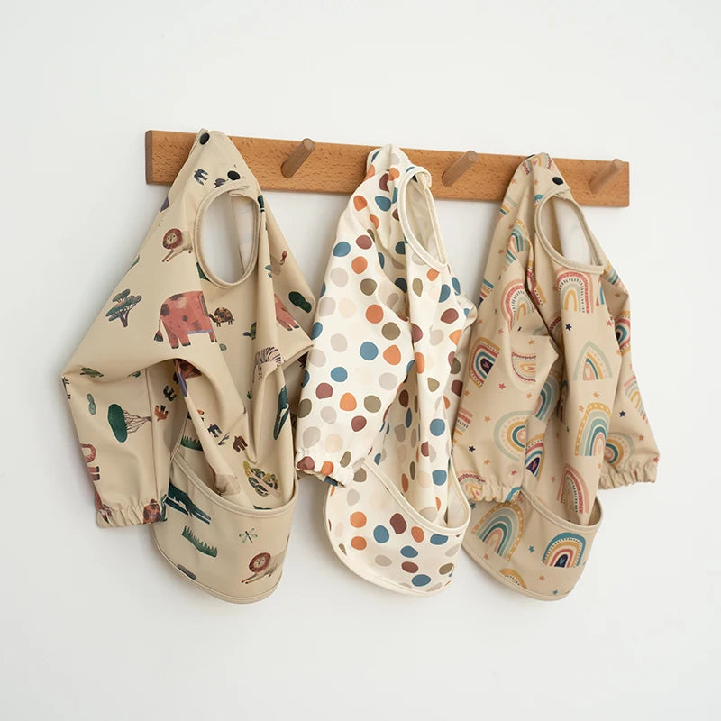 Long Sleeved Baby Feeding Bibs Cartoon Art Smock with Pocket Waterproof Children' Mealtime Dining Apron for Toddlers Boys Girls