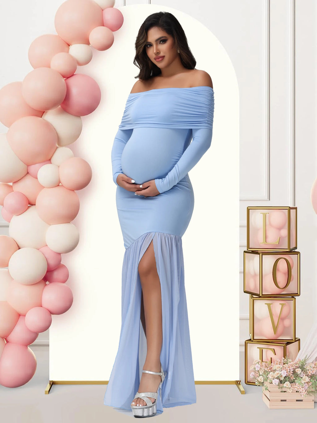 Maternity Dresses Photoshoot Off-Shoulder Slits Fishtail Hem Baby Shower Clothes For Pregnant Woman Evening Party Elegant Gown