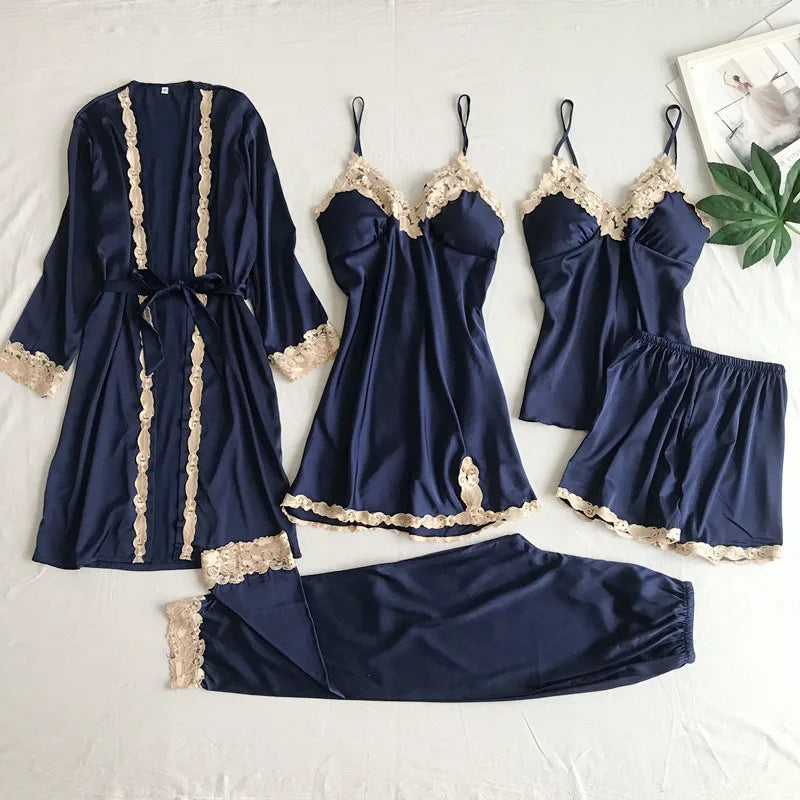 Simulation Silk Pajamas Maternity Wear Five-piece Set Suspenders Women's Loungewear Bathrobes Nightgowns Large Size