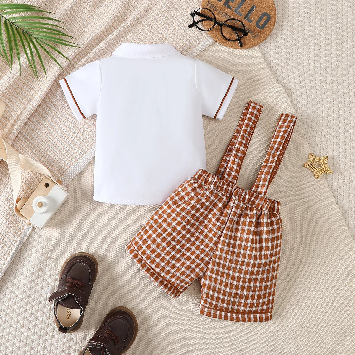 Baby boy small gentleman's Set Lapel checkered tie shirt overalls Fashionable Set 0-3 Year old Toddler Birthday Party costume