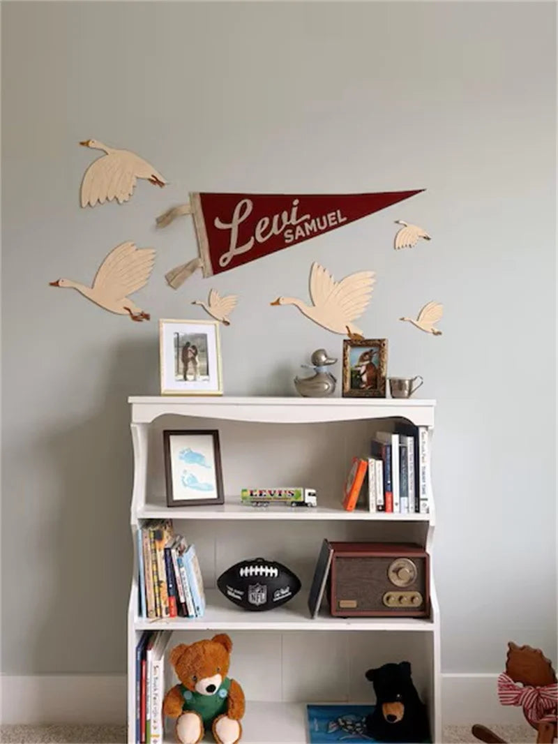 6Pcs/Set Ins Scandinavian Style Wooden Group of Flying Goose Mural Niche Can Be Pasted into the Wall to Cover up Ugliness with Retro Inspiration Wooden Goose Home Background Wall Decoration Nursery Wall Decoration Natural Sty