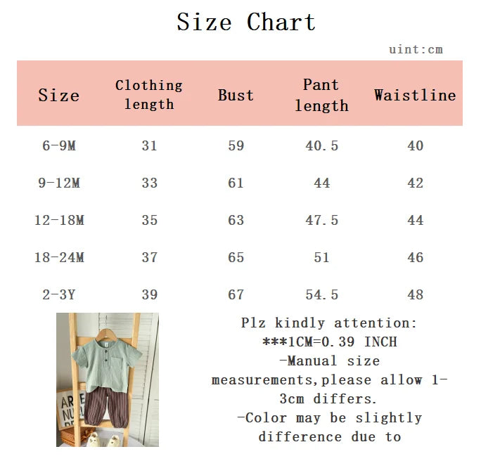 0-3 Year old Baby boy Summer Outfit Comfortable Solid Color Button Top+Striped Pants 2-piece Set Baby boy Summer Casual Suit