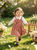 Baby Girl Spring Autumn Outfit White Long Sleeve Base Shirt + Bean Paste Pink Texture Plaid Butterfly Knot Halter Dress Two-Piec