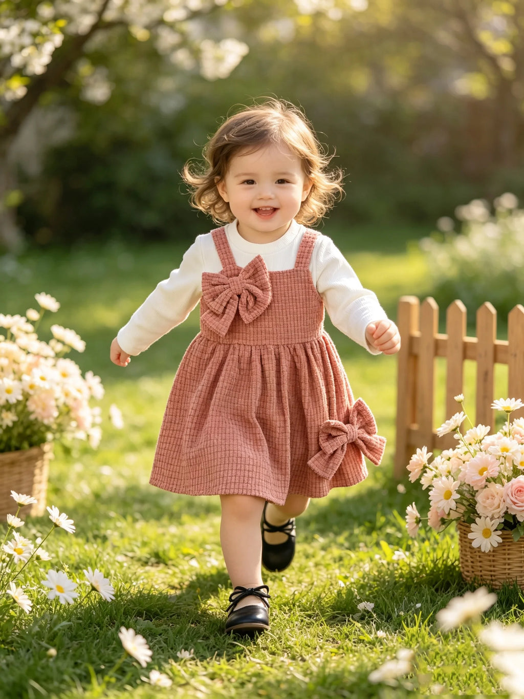 Baby Girl Spring Autumn Outfit White Long Sleeve Base Shirt + Bean Paste Pink Texture Plaid Butterfly Knot Halter Dress Two-Piec