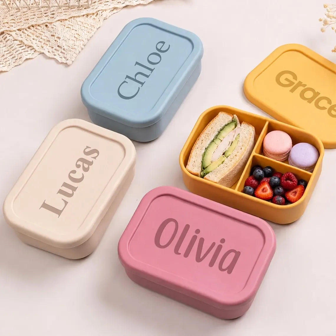 Personalized Kids Lunch Box with Name，Custom Silicone Bento Box， Lunch Box with Compartments，Back To School Gift