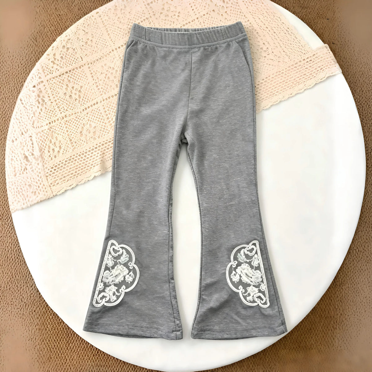 Girls Bell Bottom Pants Solid Color Elastic Waist Embroidered 1-8Y For Casual Everyday Wear