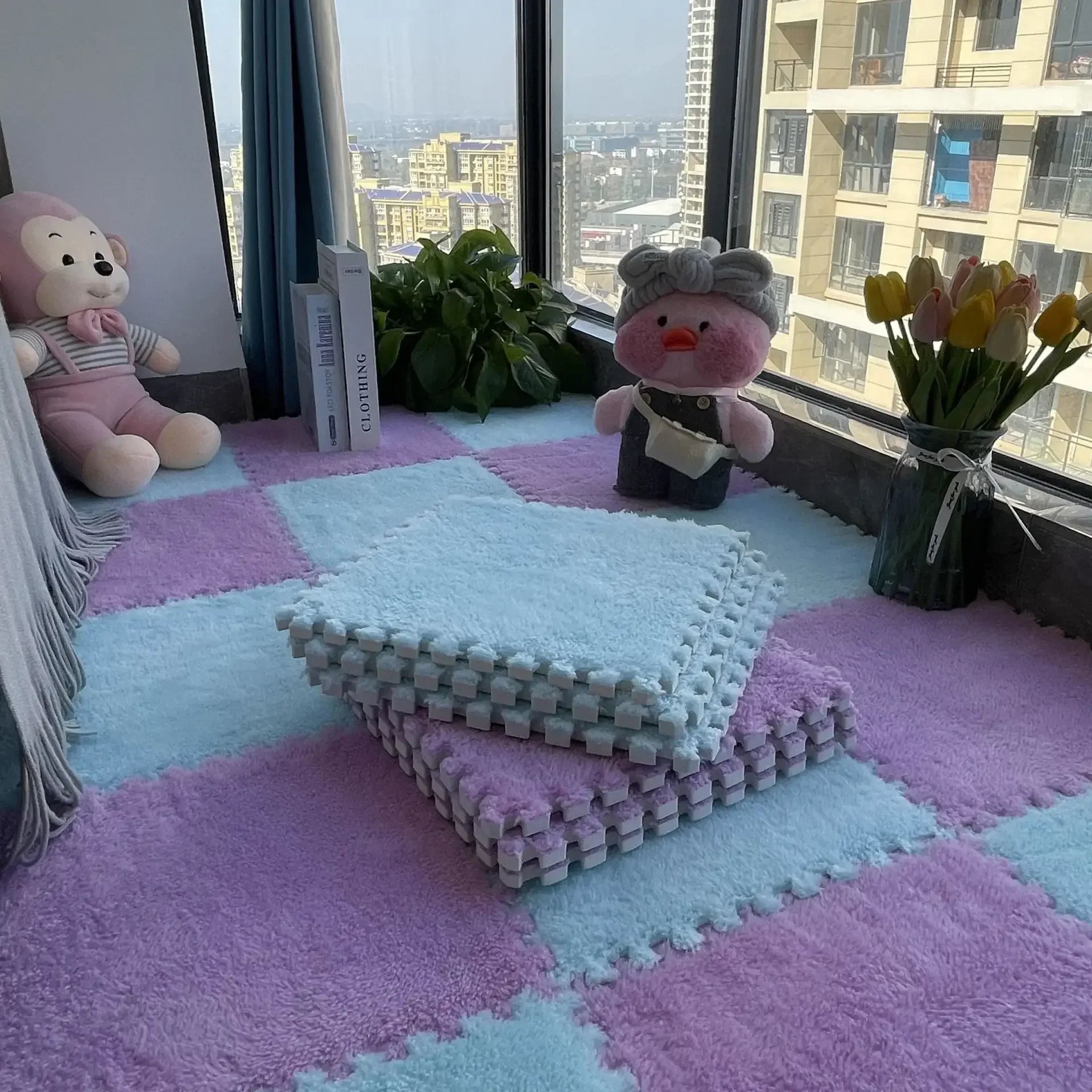 Soft Plush Kids Rug Play Mat 30x30cm Interlocking Puzzle Tiles for Floor Cushion