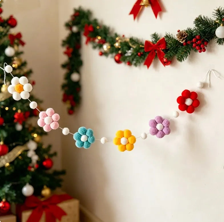 Nordic handmade pom-pom daisy flower garland for wall and shelf decoration, available in White and Colorful variants